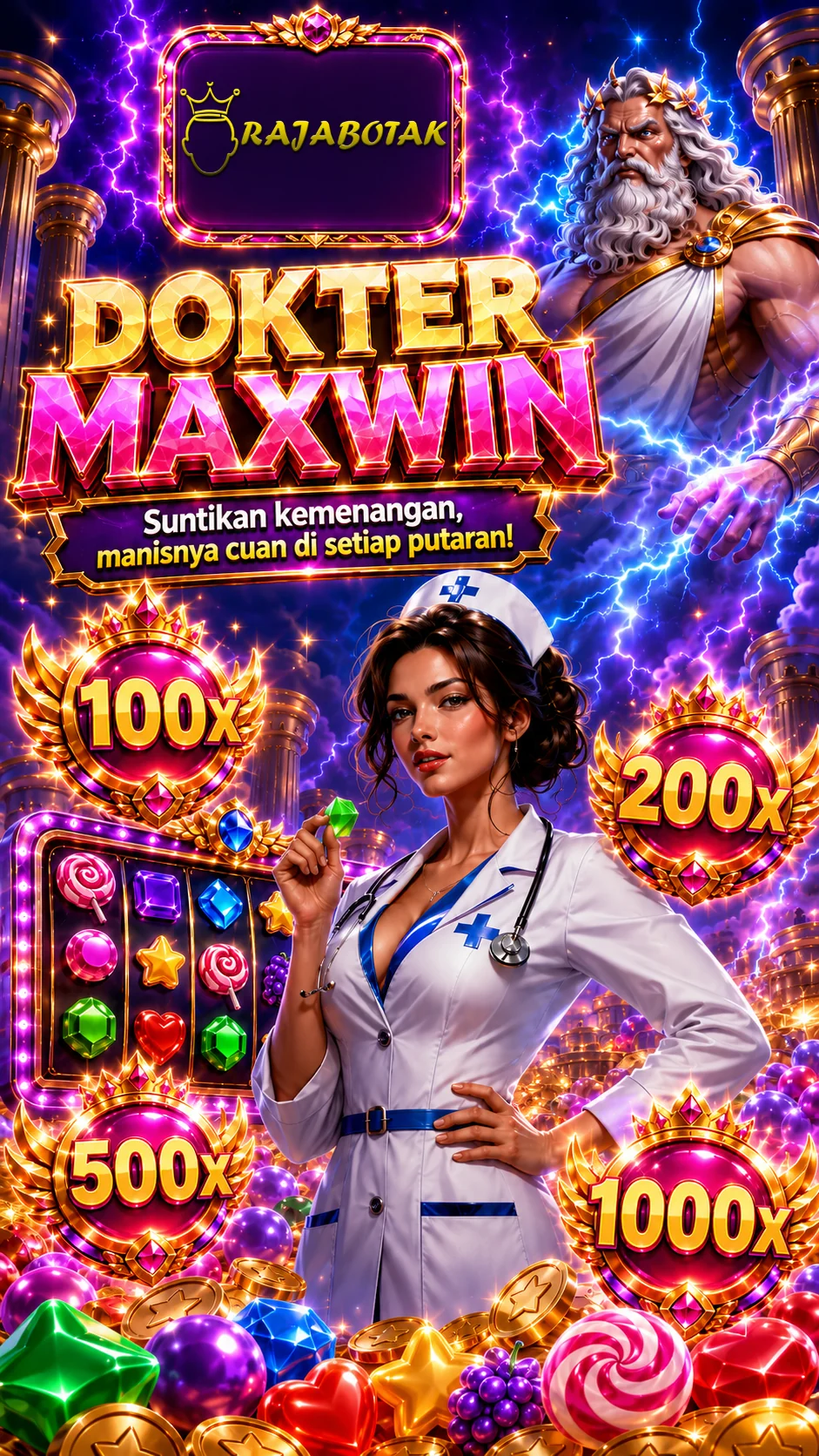 Ilustrasi Dokter Maxwin RajaBotak dengan tema Zeus, simbol slot, dan multiplier 100x hingga 1000x