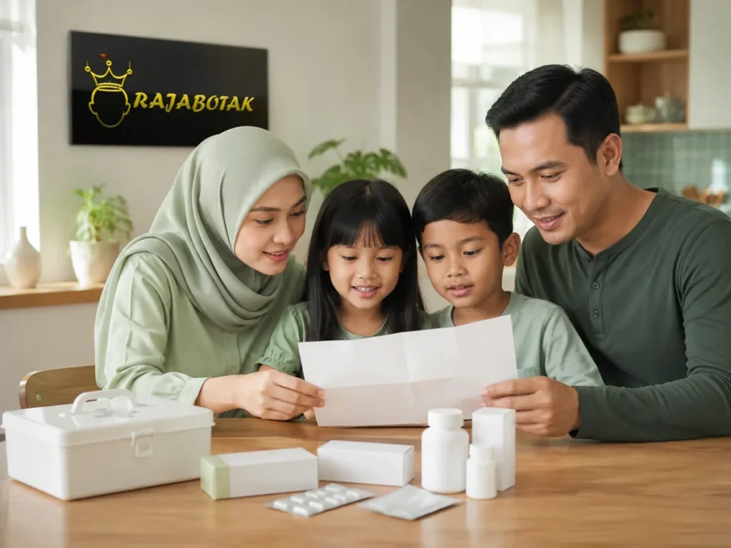 Keluarga Indonesia membaca informasi kesehatan bersama di meja dengan produk kesehatan generik.