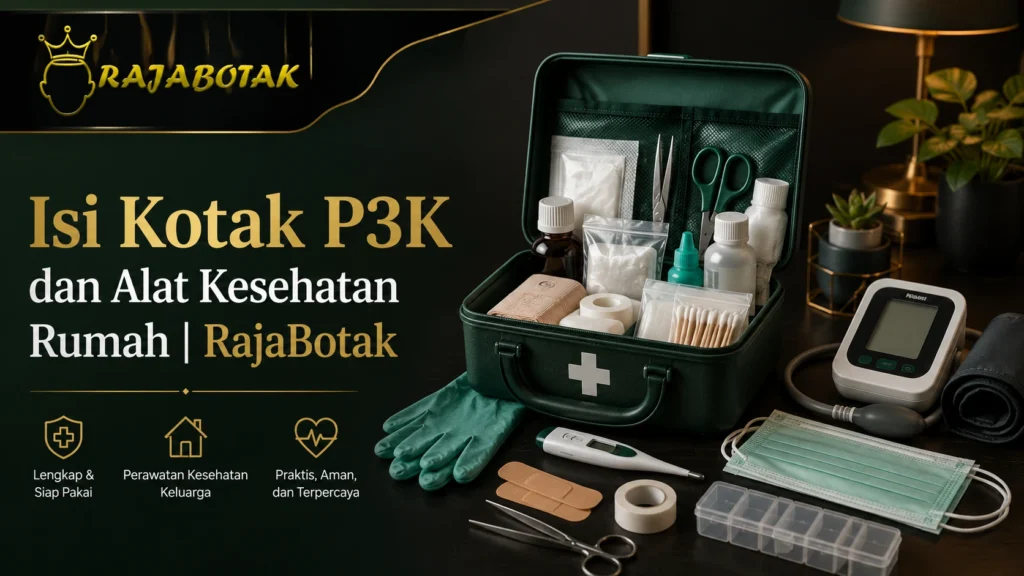 Ilustrasi isi kotak P3K dan alat kesehatan rumah untuk keluarga dari RajaBotak Apotek