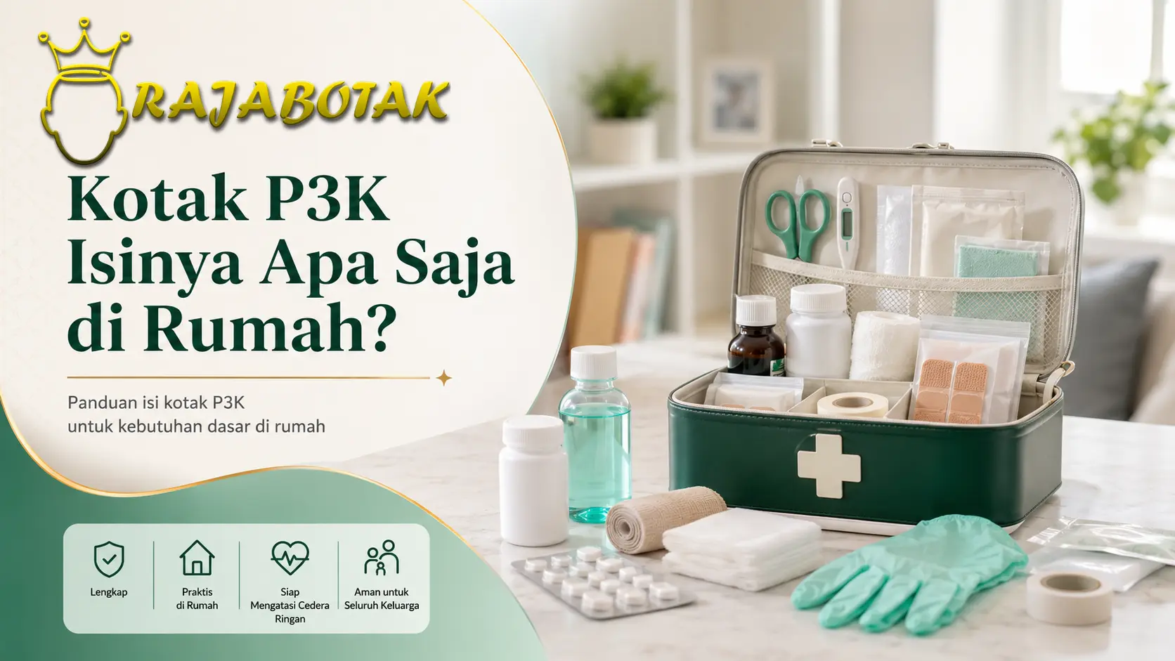Ilustrasi isi kotak P3K di rumah yang tersusun rapi dan aman untuk keluarga