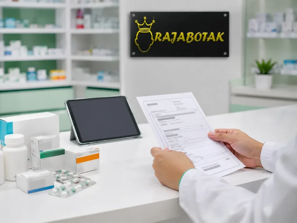 Tenaga kefarmasian memeriksa formulir resep di meja apotek dengan tablet dan produk generik.