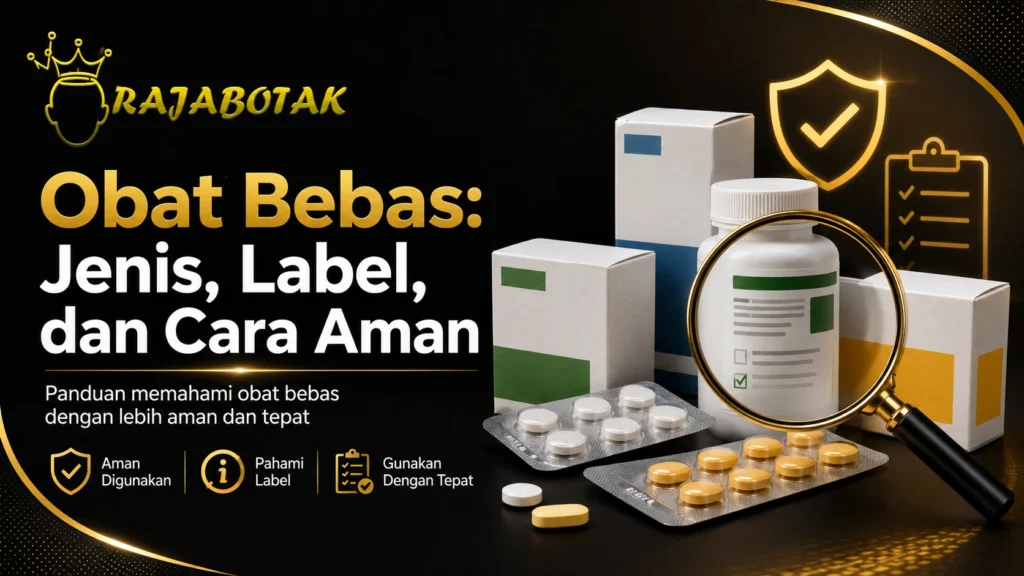 Ilustrasi jenis obat bebas, informasi label, dan cara penggunaan yang aman dari RajaBotak Apotek