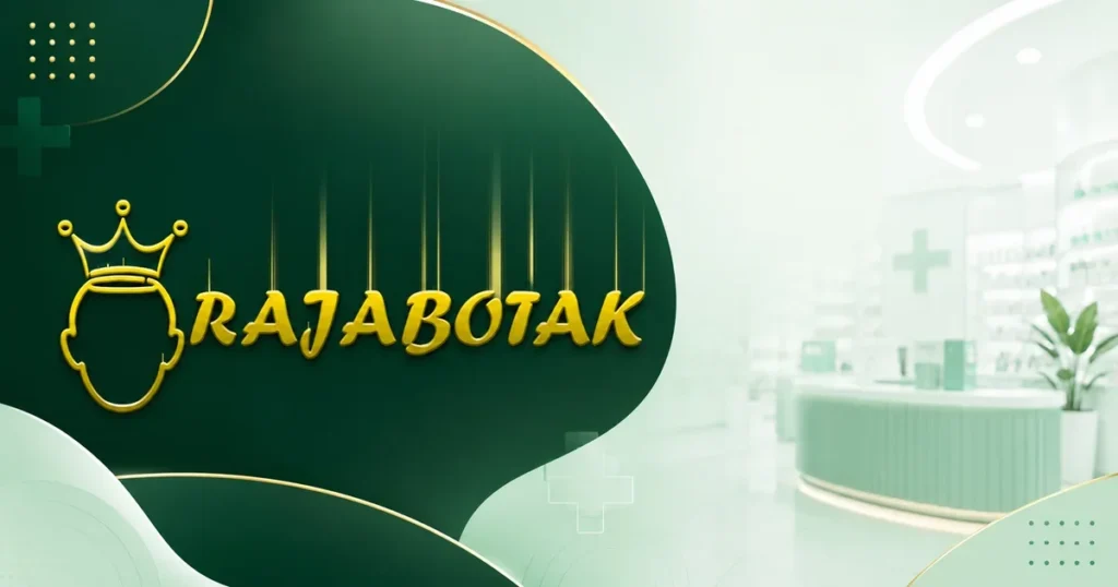 Desain pratinjau sosial RajaBotak Apotek dengan logo emas dan ilustrasi interior apotek.