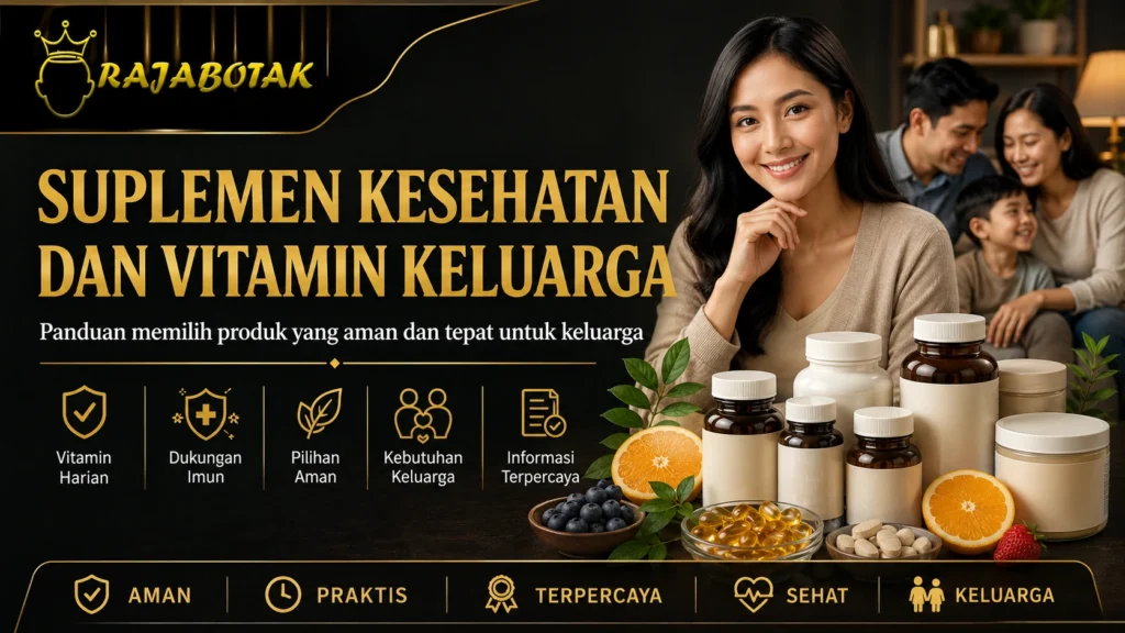Ilustrasi suplemen kesehatan dan vitamin untuk keluarga dari RajaBotak Apotek