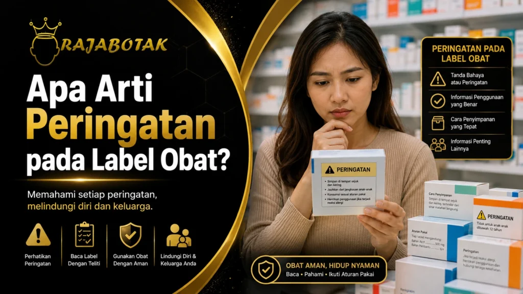Ilustrasi membaca peringatan pada label obat dan informasi kemasan.