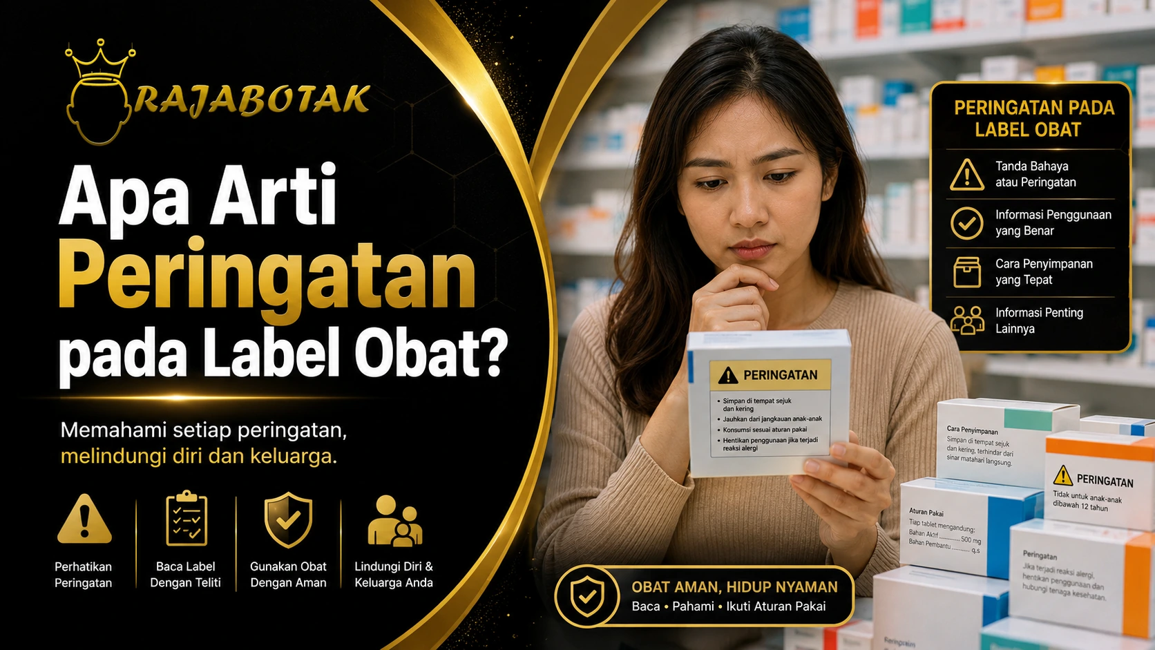 Ilustrasi membaca peringatan pada label obat dan informasi kemasan.