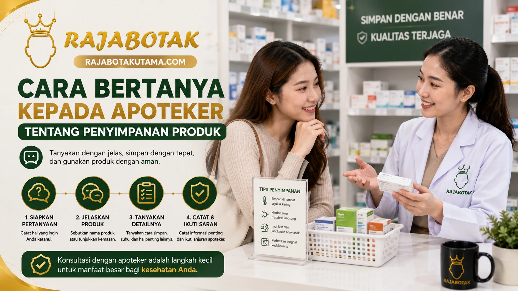 Ilustrasi menyiapkan pertanyaan kepada apoteker tentang penyimpanan produk kesehatan.