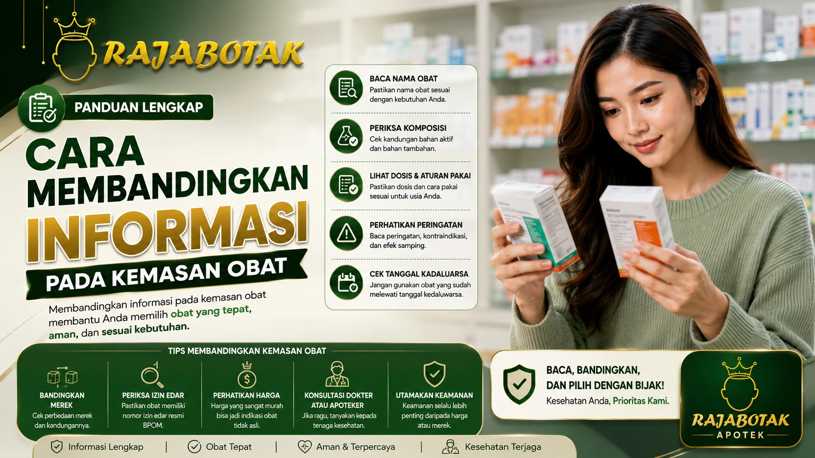 Ilustrasi membandingkan informasi penting pada dua kemasan obat.
