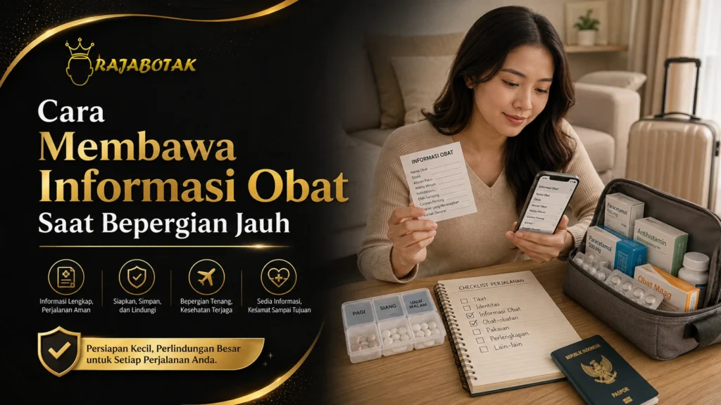 Ilustrasi catatan informasi obat dan kemasan untuk perjalanan keluarga.