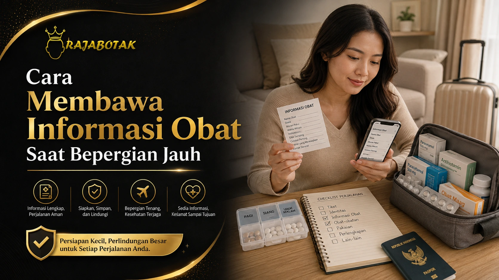 Ilustrasi catatan informasi obat dan kemasan untuk perjalanan keluarga.