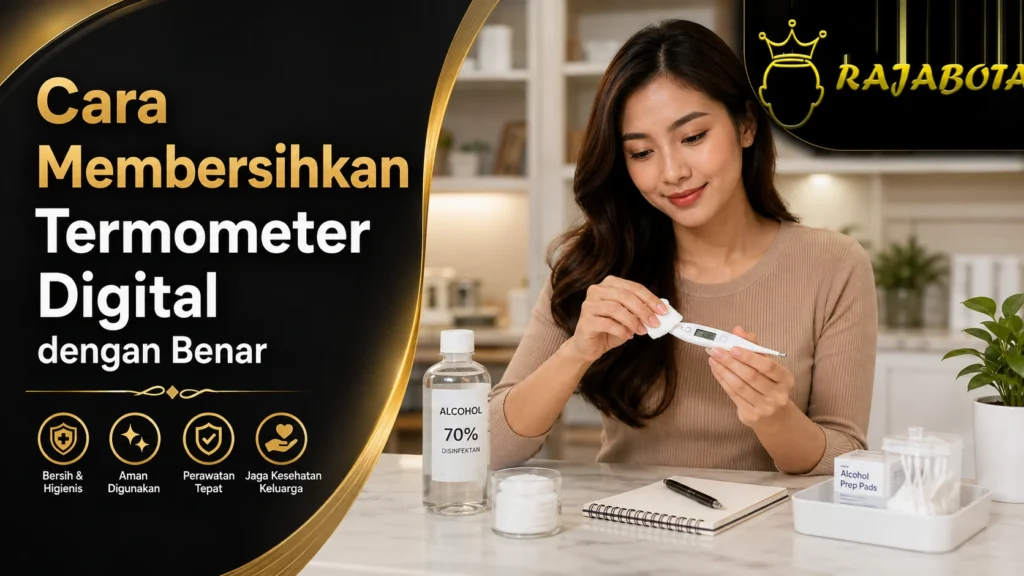 Wanita membersihkan termometer digital menggunakan alkohol 70 persen