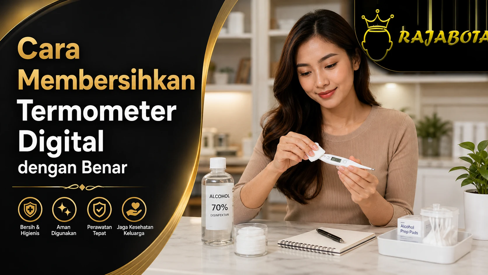 Wanita membersihkan termometer digital menggunakan alkohol 70 persen