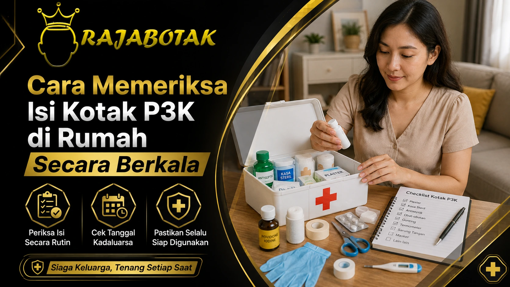 Ilustrasi pemeriksaan isi kotak P3K, kemasan, dan label di rumah.