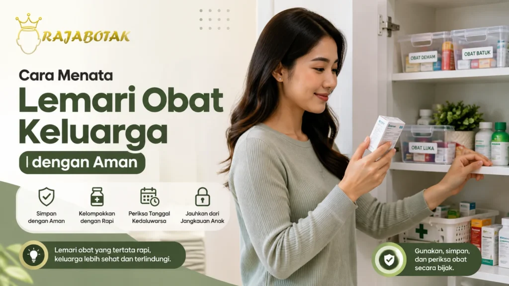 Ilustrasi penataan lemari obat keluarga dengan kemasan obat tersusun rapi