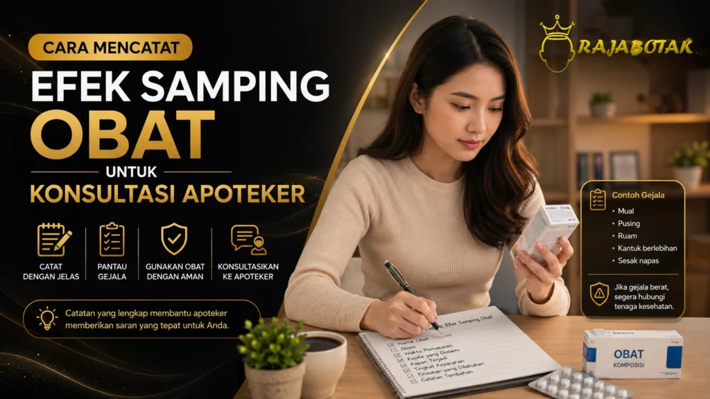 Wanita mencatat efek samping obat untuk konsultasi dengan apoteker