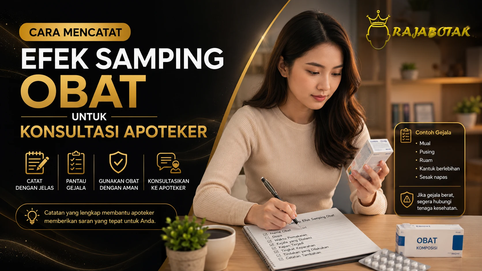 Wanita mencatat efek samping obat untuk konsultasi dengan apoteker