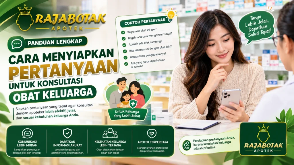 Ilustrasi keluarga menyiapkan pertanyaan untuk konsultasi obat dengan apoteker.
