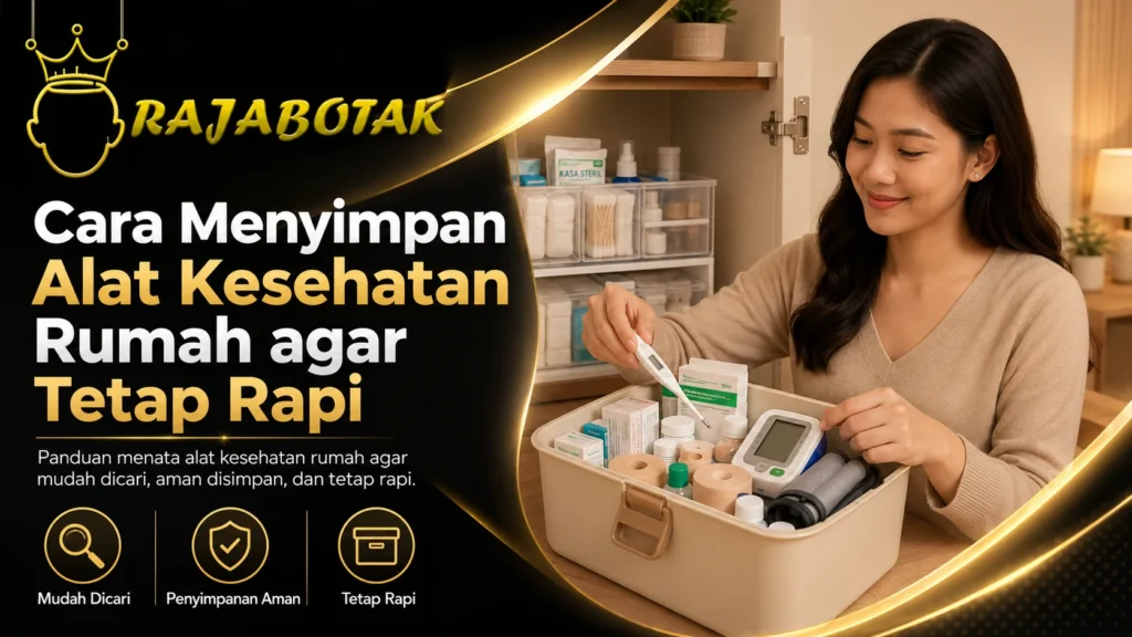 Ilustrasi penyimpanan alat kesehatan rumah yang rapi dan mudah diperiksa