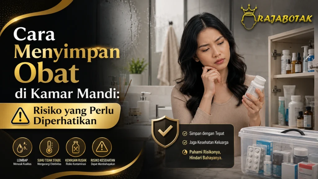 Wanita memeriksa obat yang disimpan di lemari kamar mandi