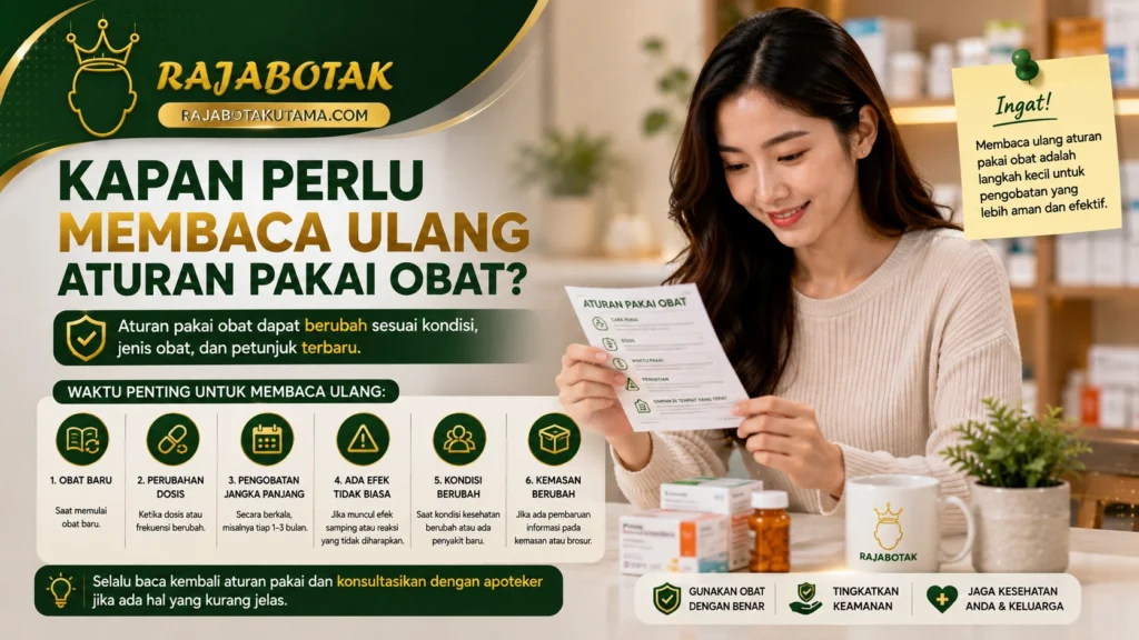 Ilustrasi membaca ulang aturan pakai, peringatan, dan label obat.