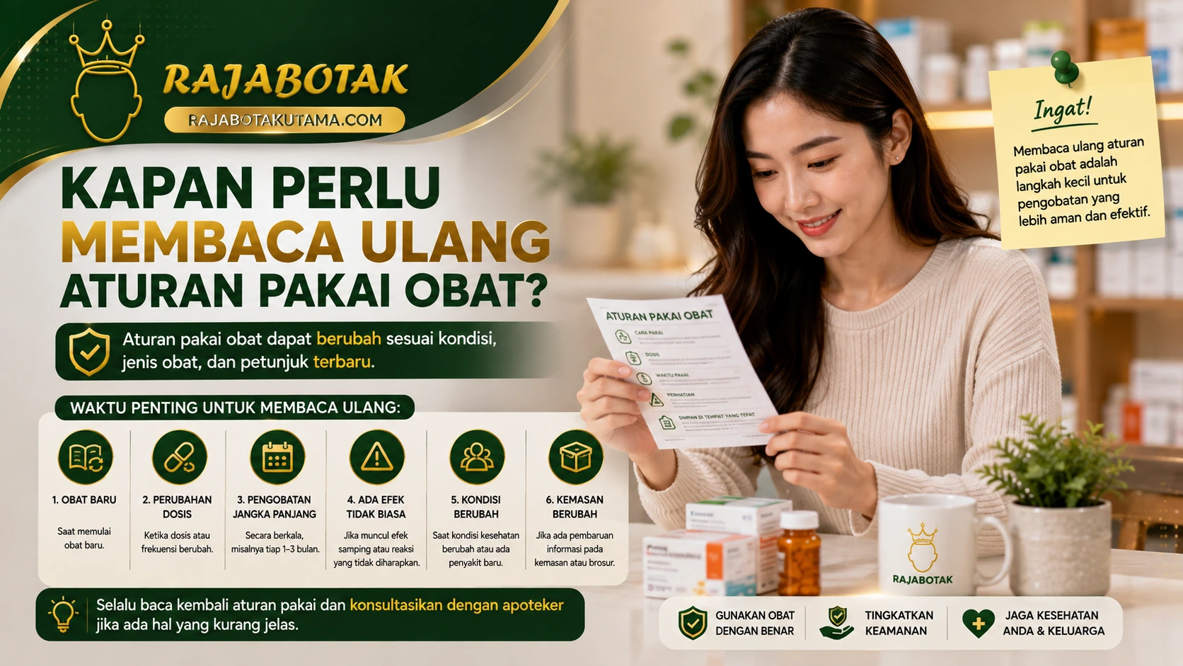 Ilustrasi membaca ulang aturan pakai, peringatan, dan label obat.