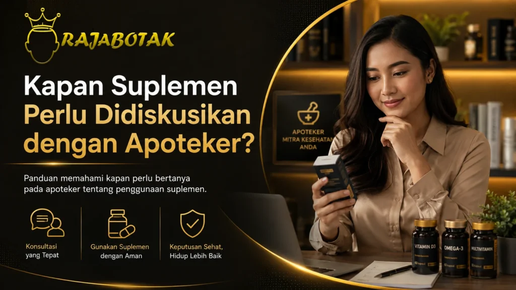 Wanita membaca kemasan suplemen sebelum berkonsultasi dengan apoteker
