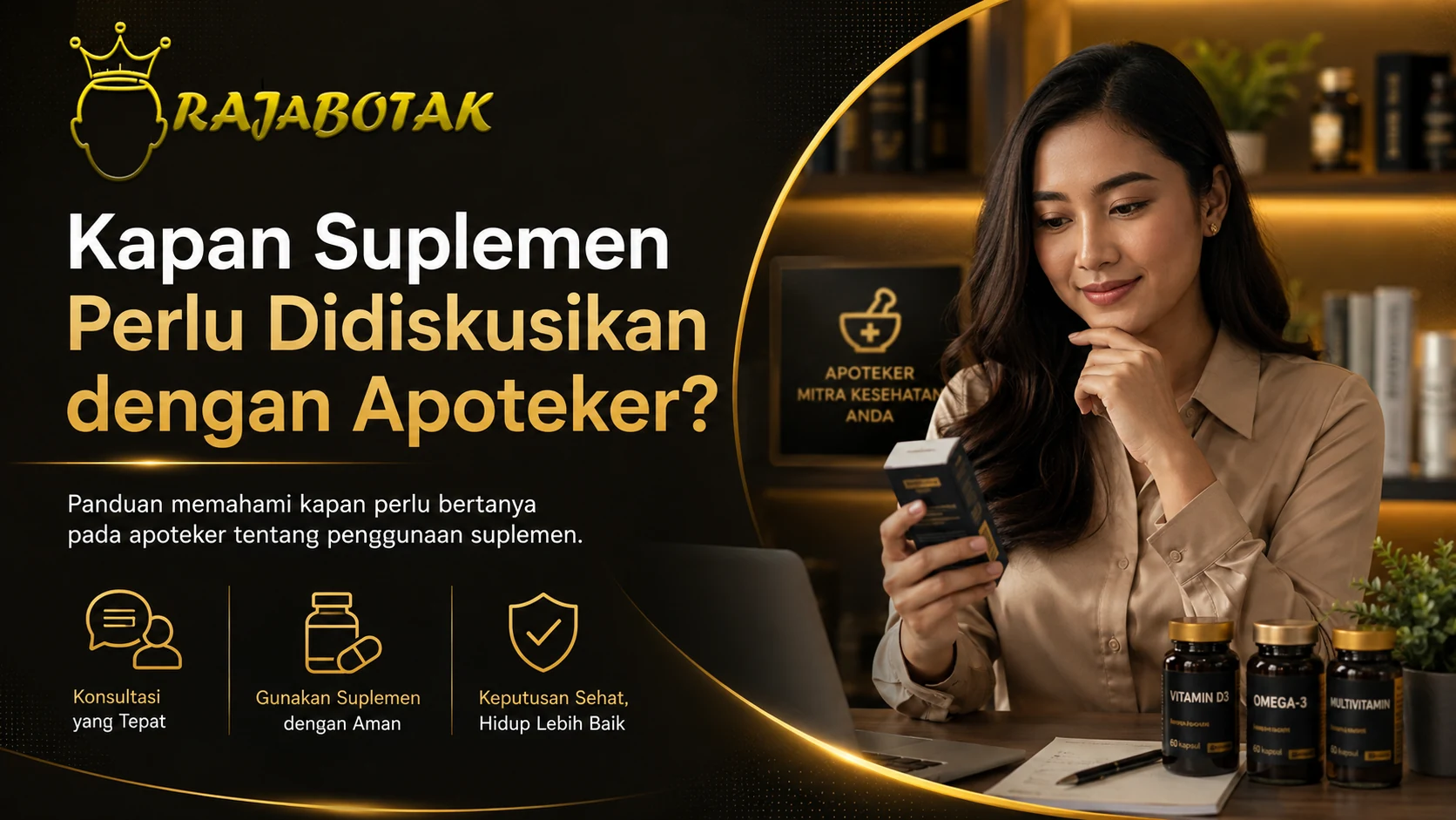 Wanita membaca kemasan suplemen sebelum berkonsultasi dengan apoteker