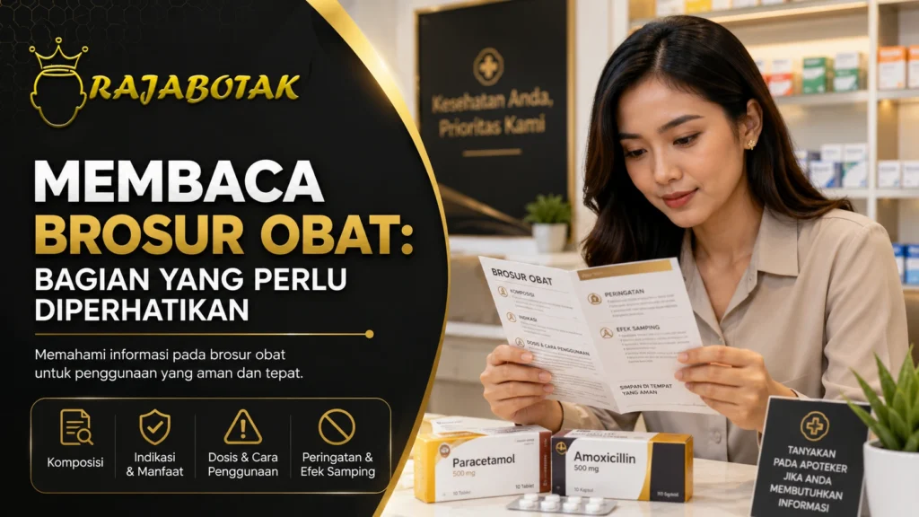 Ilustrasi membaca brosur obat dan informasi penting pada kemasan