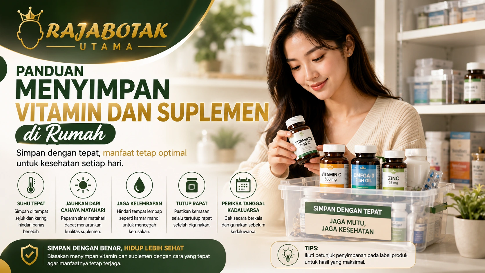 Ilustrasi vitamin dan suplemen keluarga yang disimpan rapi di rumah.