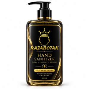 Botol Hand Sanitizer RajaBotak hitam dan emas tampak depan
