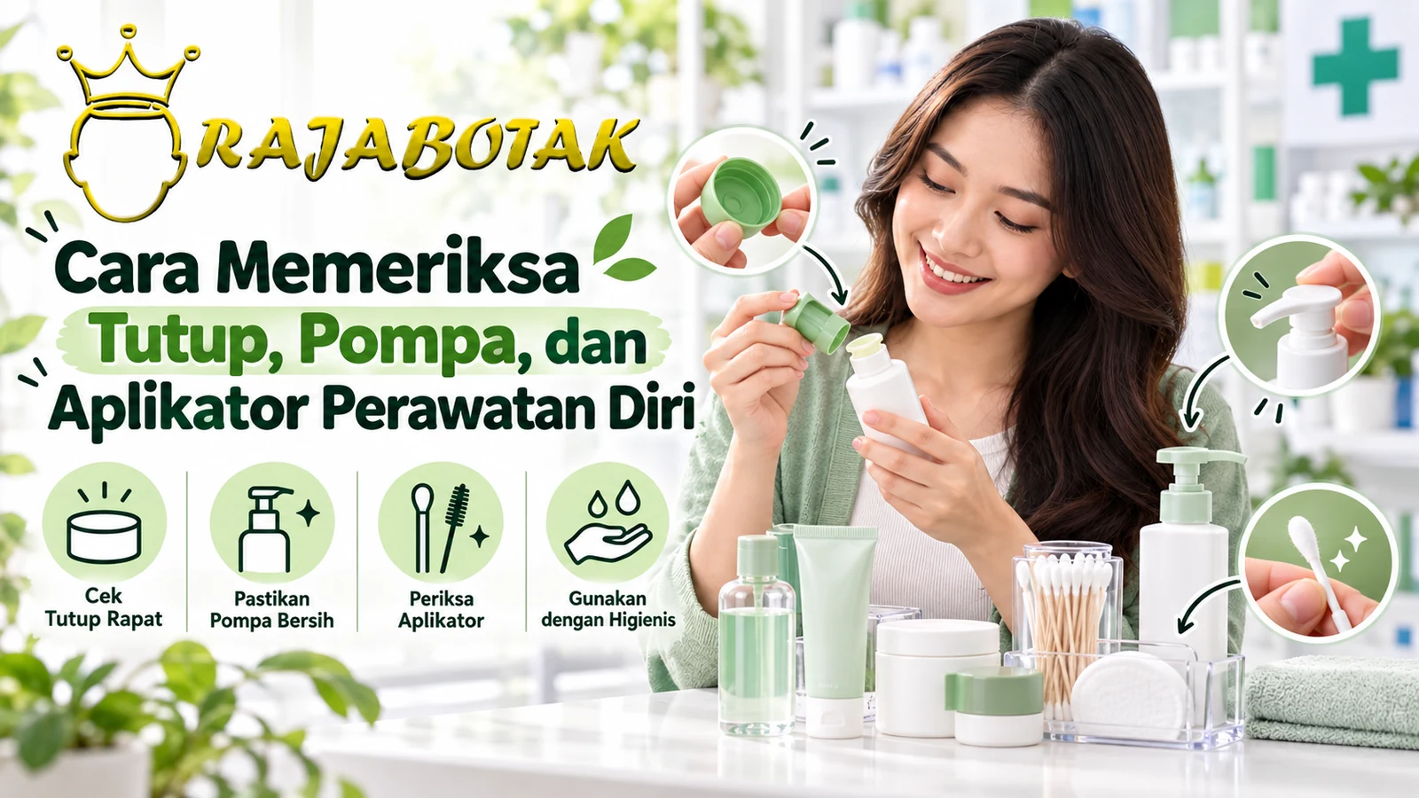 Ilustrasi panduan memeriksa tutup, pompa, dan aplikator produk perawatan diri