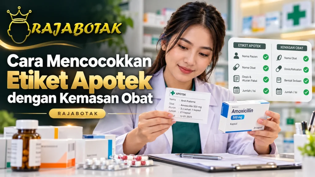 Ilustrasi panduan mencocokkan etiket apotek dengan kemasan obat