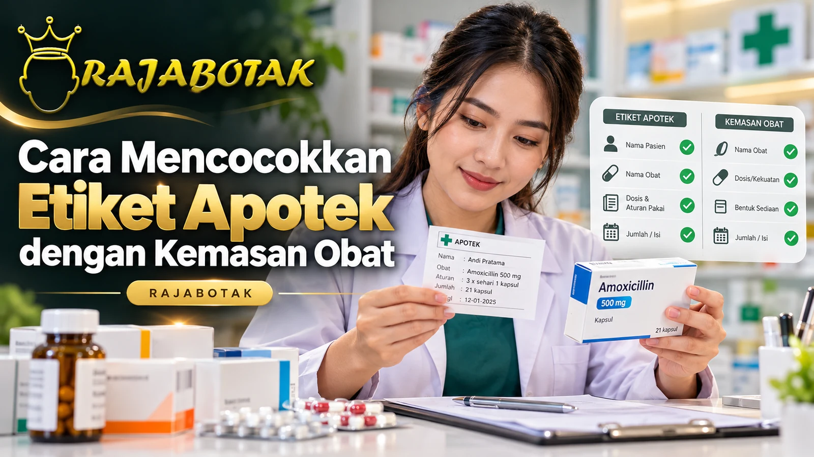 Ilustrasi panduan mencocokkan etiket apotek dengan kemasan obat